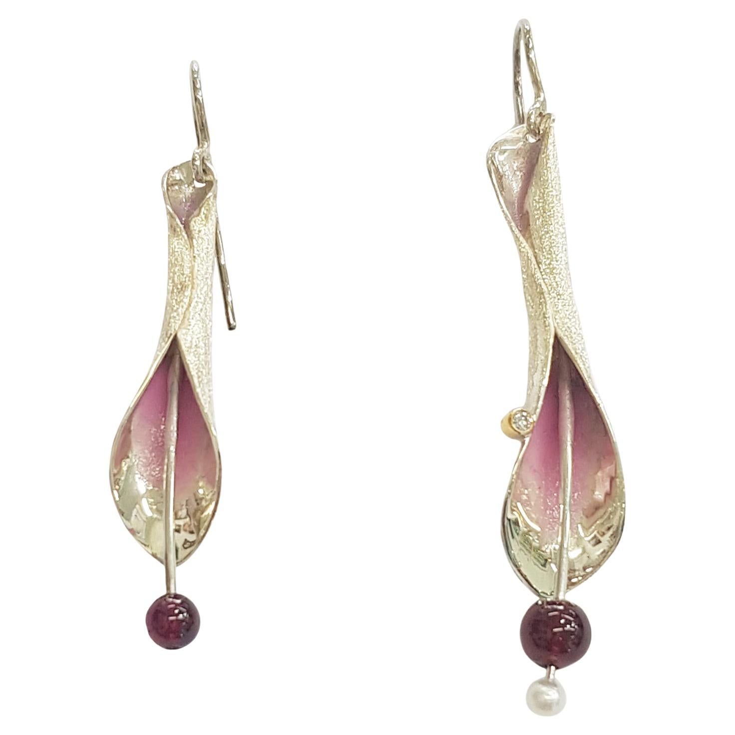 Paul Amey "Pink Lilly" Offset Sterling Silver Earrings For Sale