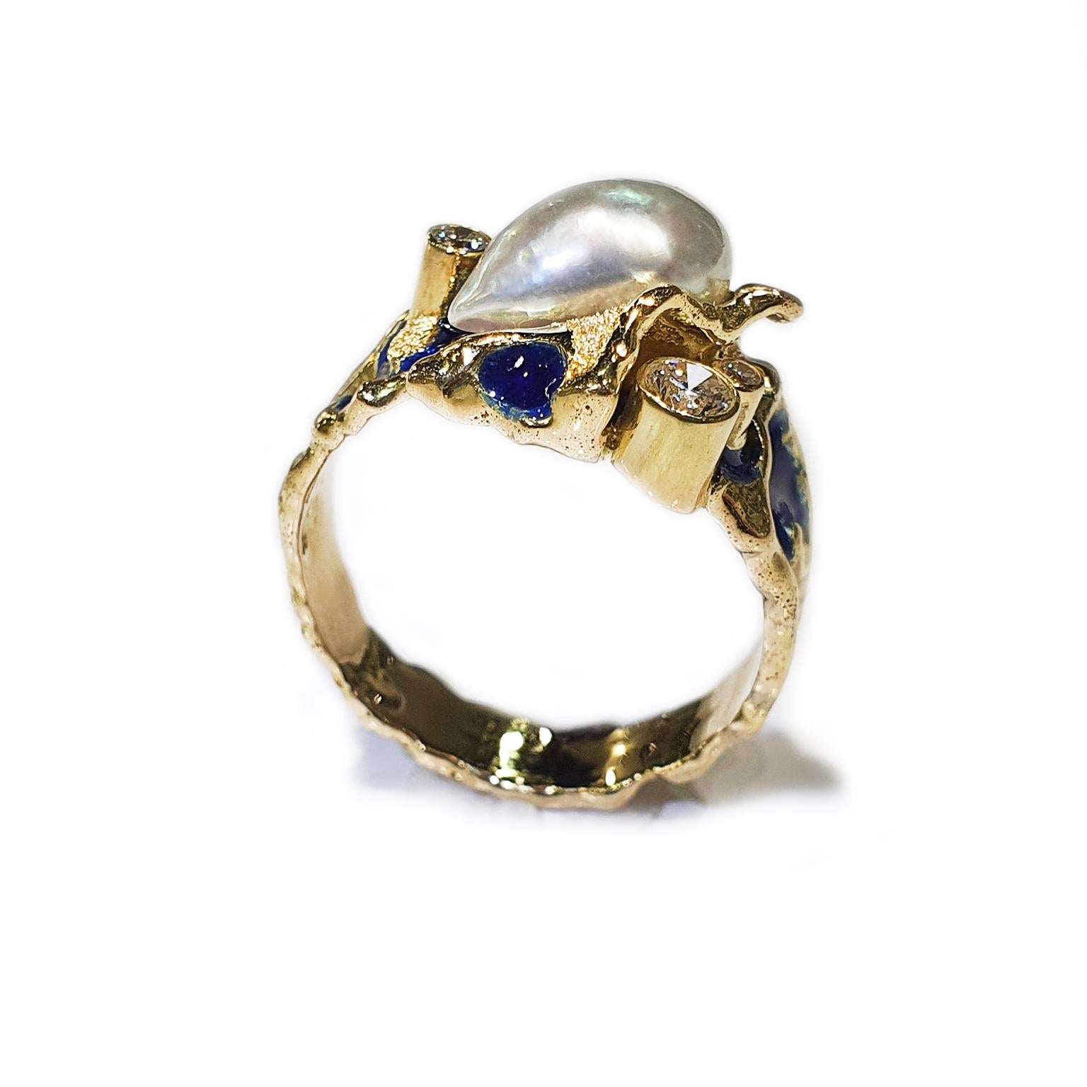 Artisan Paul Amey Signature Molten Edge, 18k Gold, Blue Enamel, Pearl and Diamond Ring For Sale