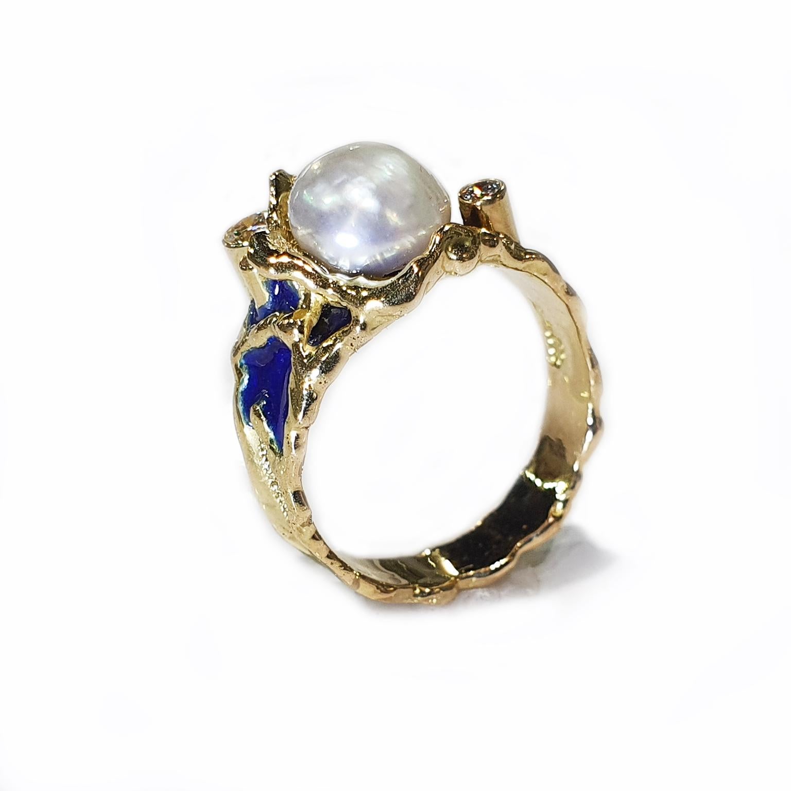 Mixed Cut Paul Amey Signature Molten Edge, 18k Gold, Blue Enamel, Pearl and Diamond Ring For Sale