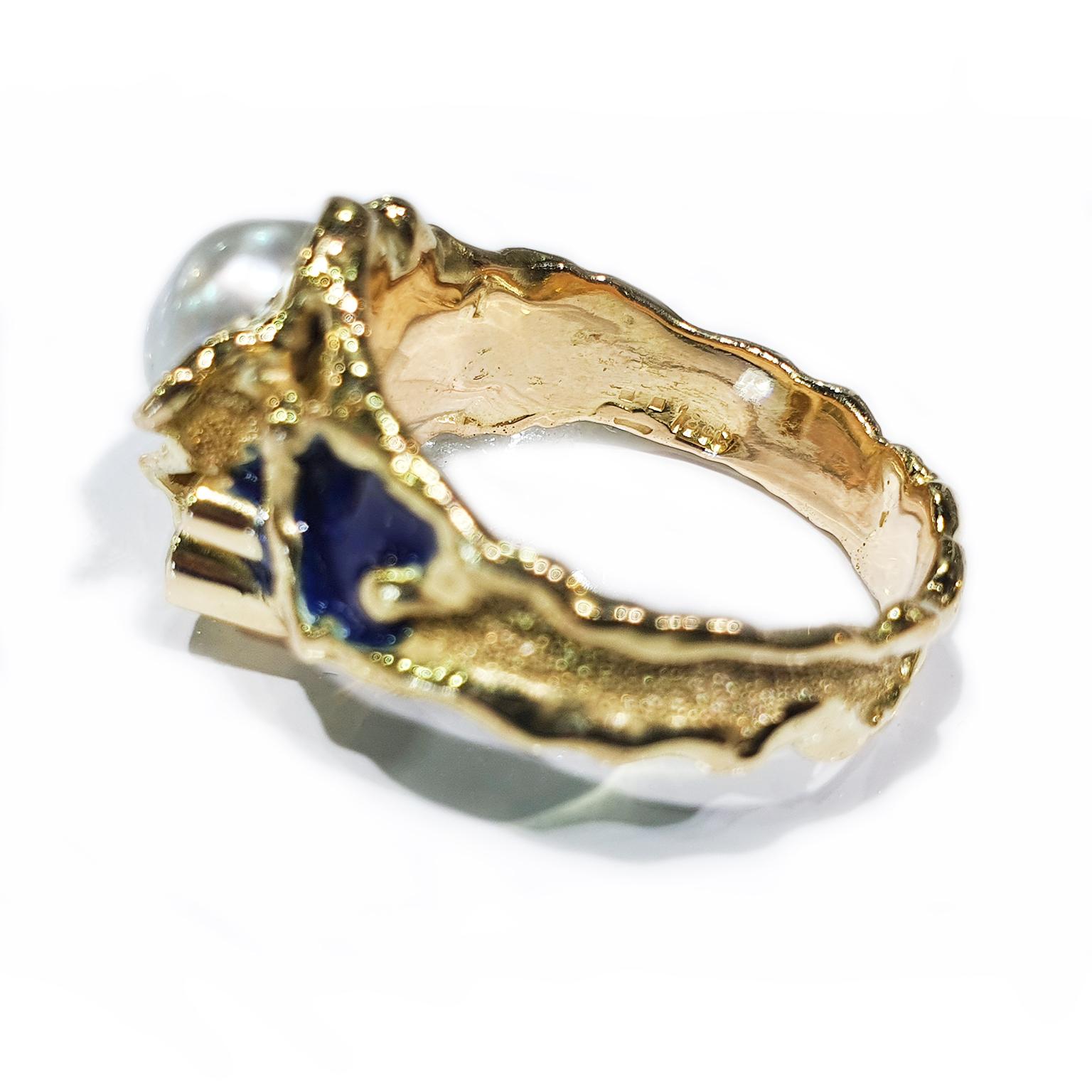 Women's or Men's Paul Amey Signature Molten Edge, 18k Gold, Blue Enamel, Pearl and Diamond Ring For Sale