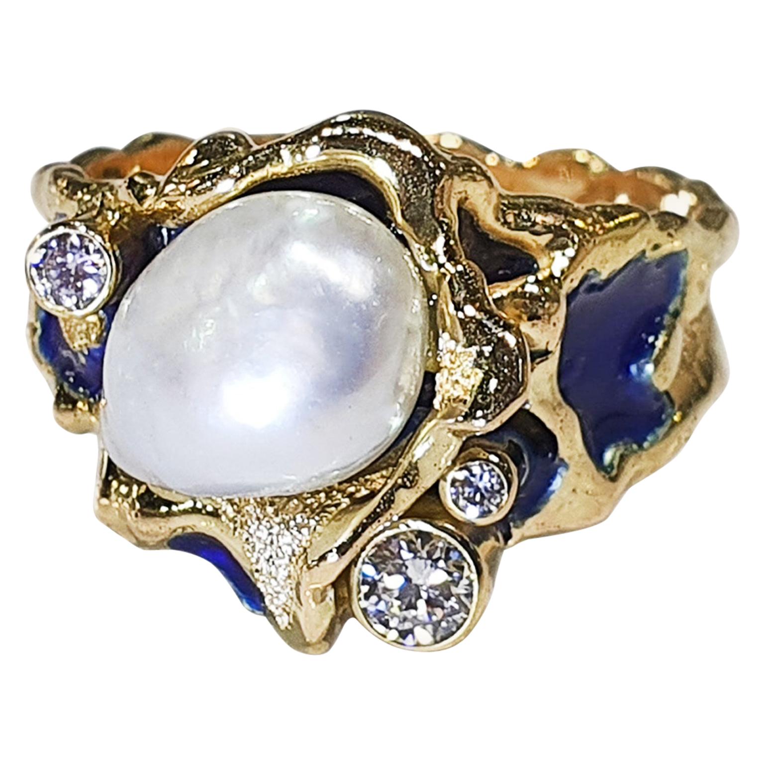 Paul Amey Signature Molten Edge, 18k Gold, Blue Enamel, Pearl and Diamond Ring For Sale