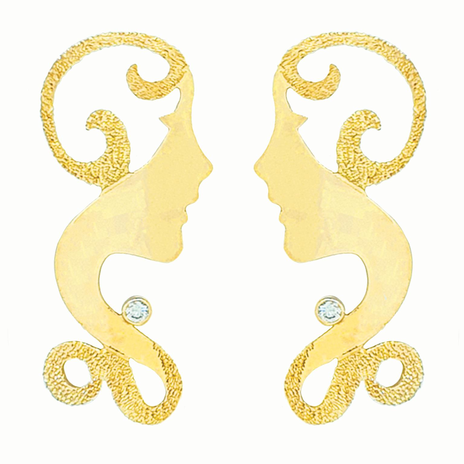 Paul Amey’s “Silhouette Ladies” earrings are totally unique and completely handcrafted and created by Paul Amey.  These earrings were crafted from 9K yellow gold and diamonds.  These “Silhouette Ladies” earrings are finished with highlights of Paul