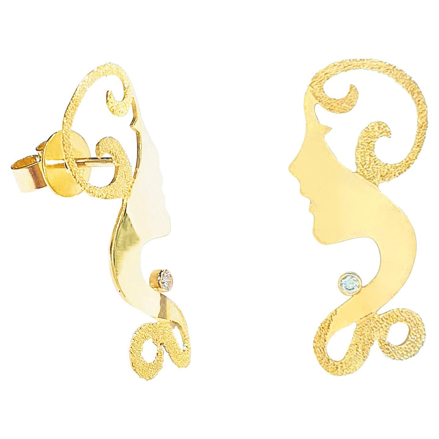 Paul Amey  "Silhouette Lady" 9K Gold and Diamond Stud Earrings For Sale