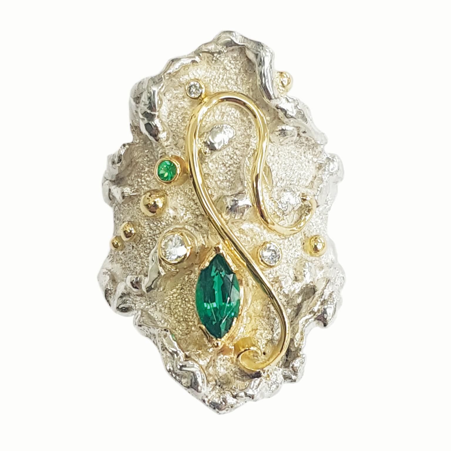 Paul Amey Sterling Silver, 18K Gold, Emerald and Diamond Ring