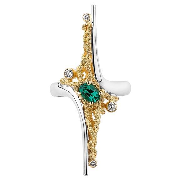 Paul Amey Sterling Silver and 18K Yellow Gold "Emerald Star" Ring For Sale