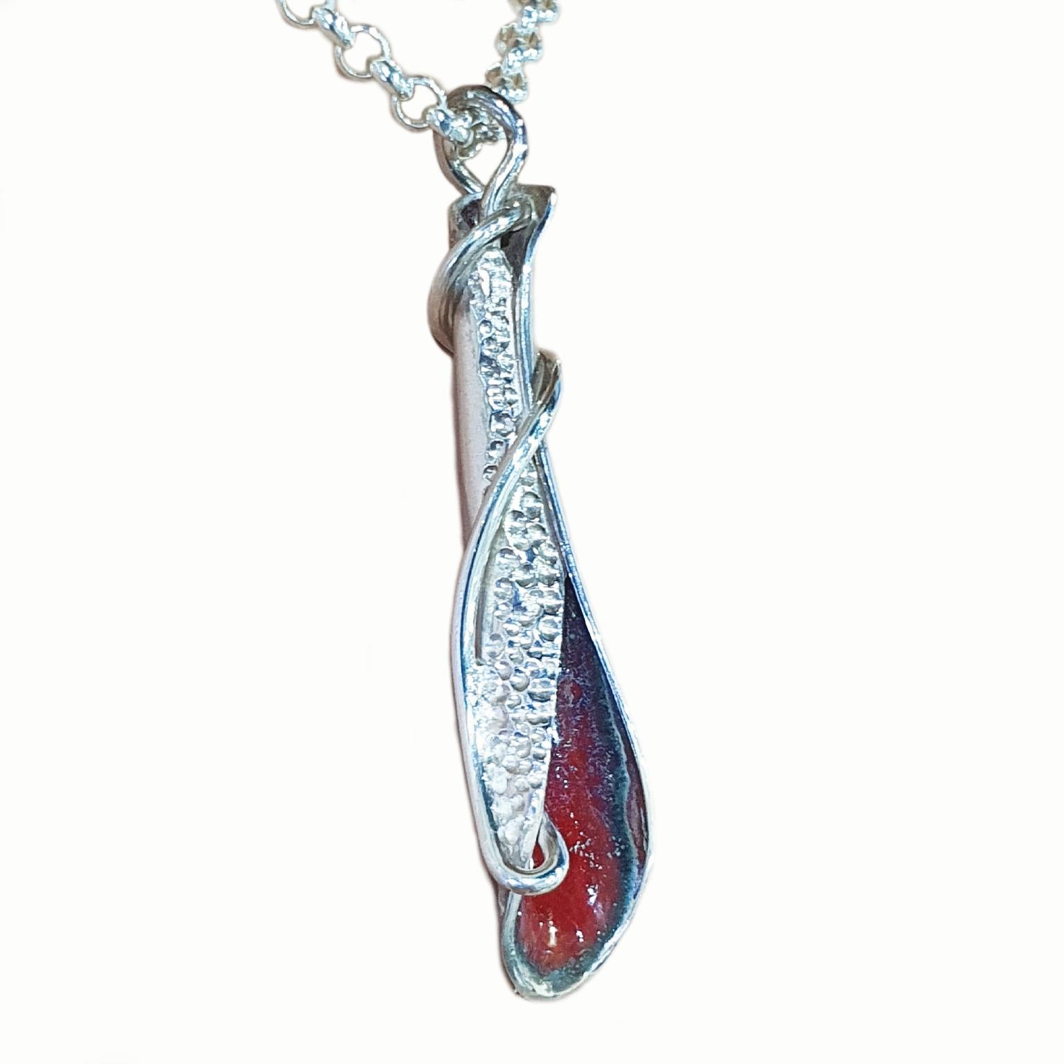 Artisan Paul Amey Sterling Silver and Red Enamel Leaf Pendant