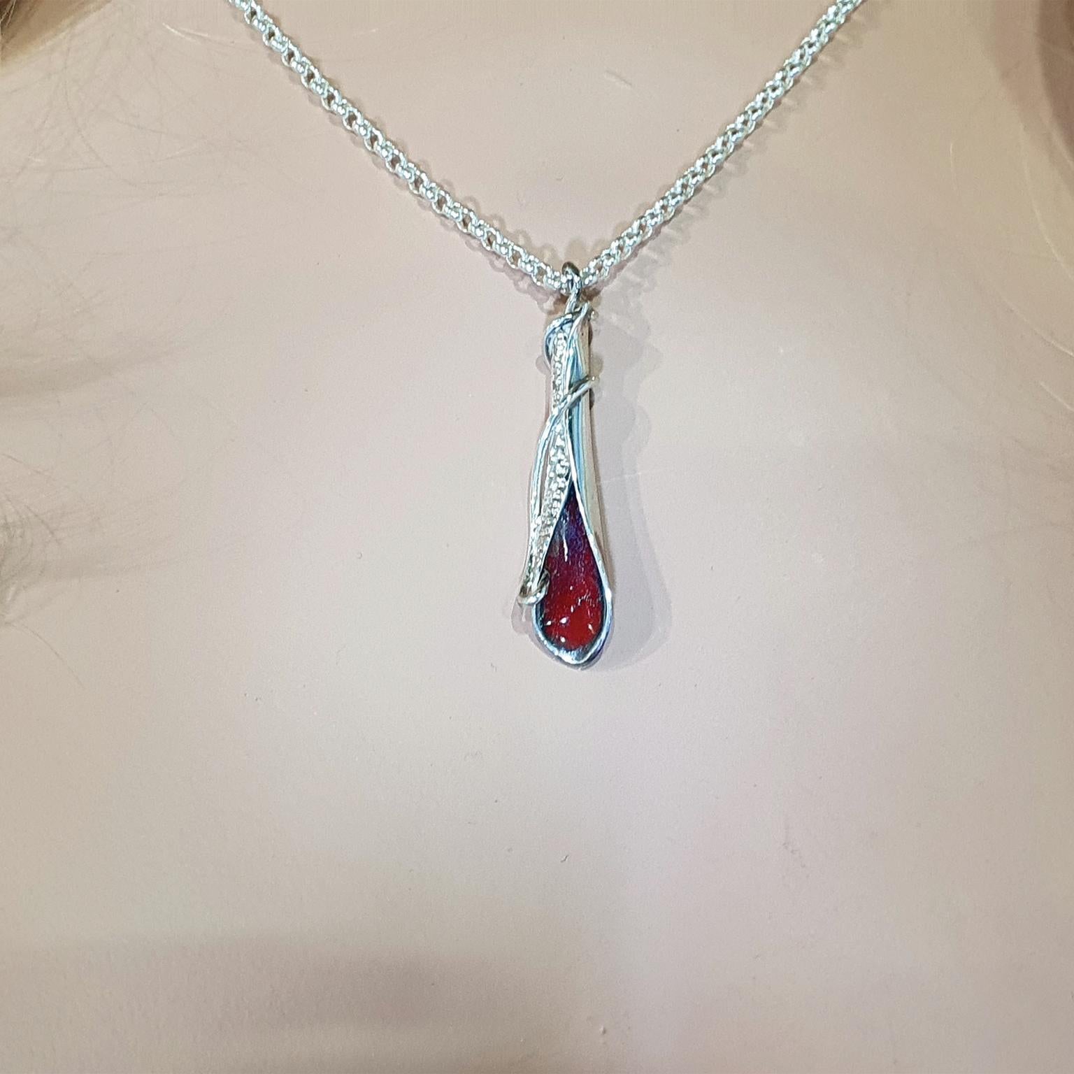 Paul Amey Sterling Silver and Red Enamel Leaf Pendant 1