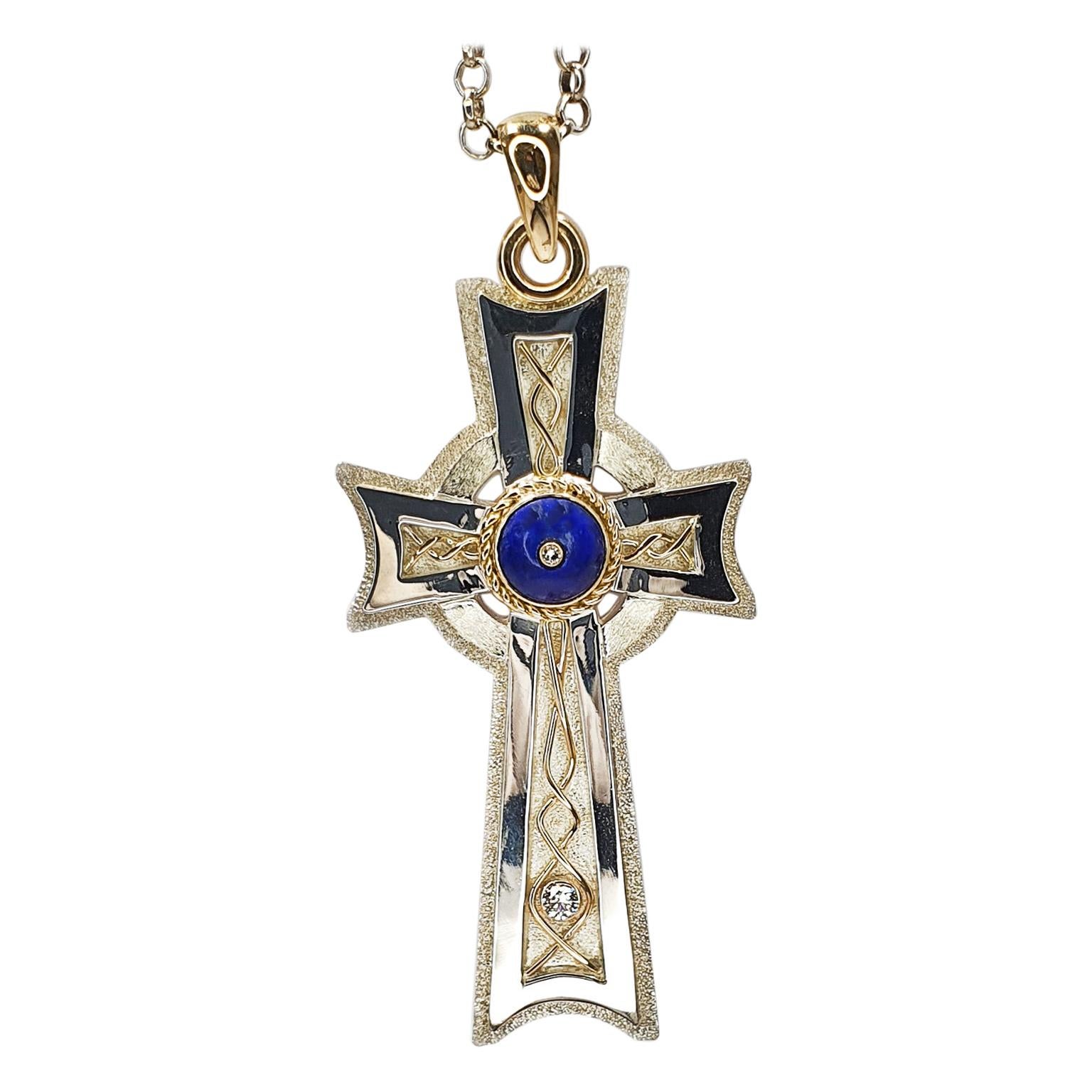 Paul Amey Sterling Silver Cross Pendant with Lapis Lazuli, 9k Gold and Diamonds For Sale