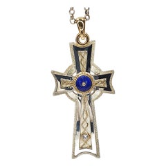 Paul Amey Sterling Silver Cross Pendant with Lapis Lazuli, 9k Gold and Diamonds