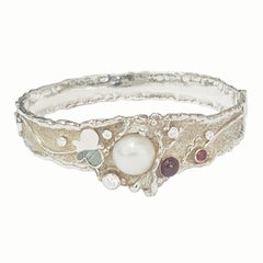 Paul Amey Sterling Silver Molten Edge Bangle with Garnets and Pearl