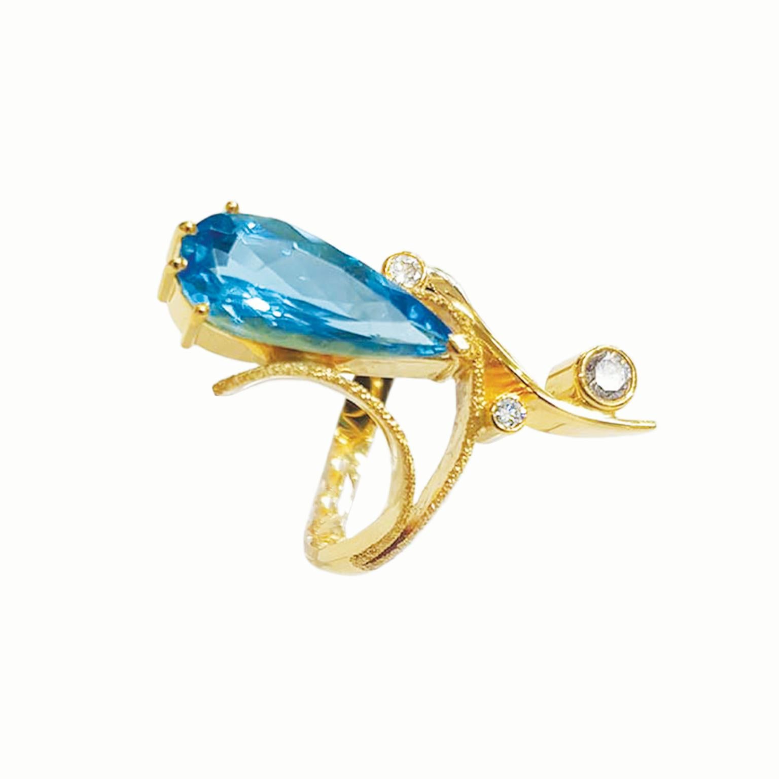 Artisan Paul Amey Swiss Blue Topaz Ring with Diamonds in 9K Gold For Sale