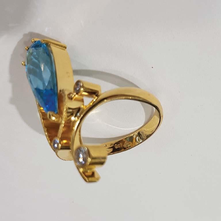 Mixed Cut Paul Amey Swiss Blue Topaz Ring with Diamonds in 9K Gold For Sale