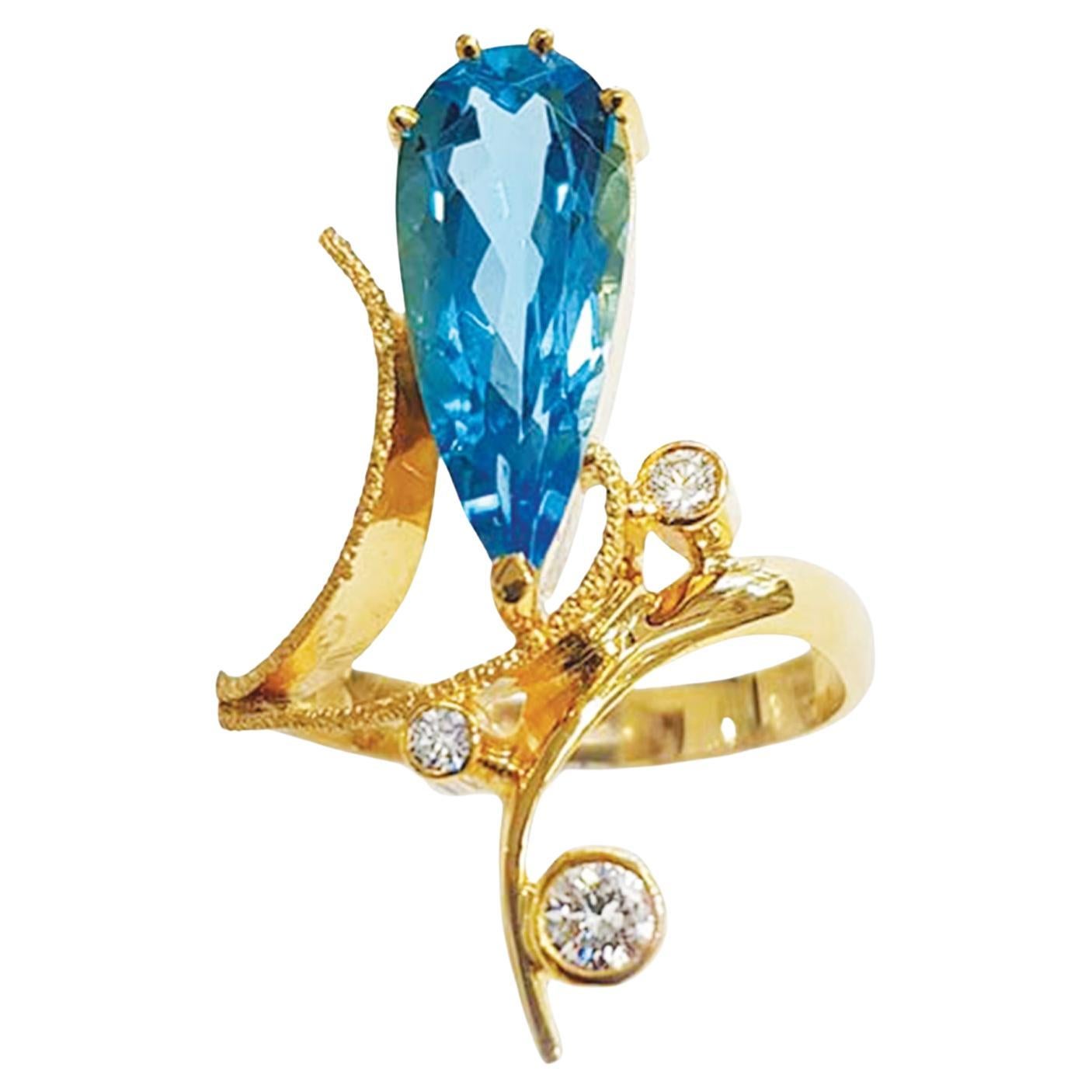 Paul Amey Swiss Blue Topaz Ring with Diamonds in 9K Gold For Sale