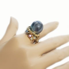 Paul Amey "Twilight" Black Pearl Ring in 18K WhiteGold, Diamonds and Sapphire