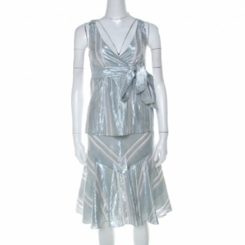 Donna Paul and Joe Silver Blue Striped Cotton Sleeveless Top and Short Skirt Set S in vendita