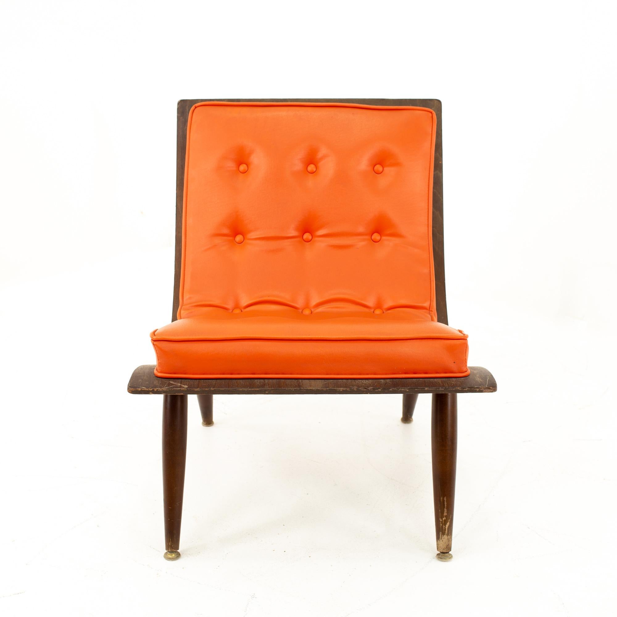 Paul and John Carter for Carter Brothers Mid Century orange and walnut bent plywood scoop chair
Chair measures: 23 wide x 28 deep x 29 high

This piece is available in what we call restored vintage condition. Upon purchase it is thoroughly cleaned