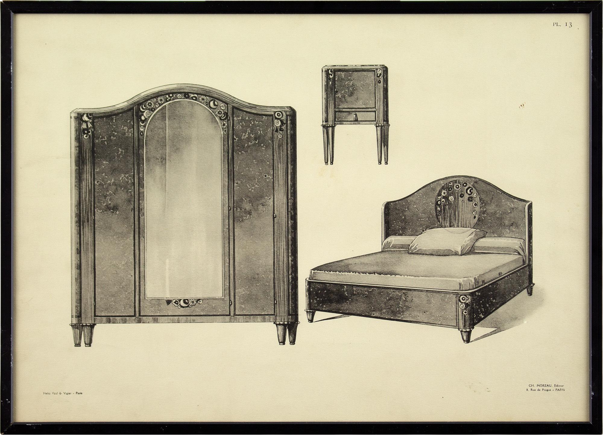 Dieser stilvolle Satz von vier französischen Heliogravüren aus dem frühen 20. Jahrhundert zeigt verschiedene Kombinationen von Schlafzimmermöbeln aus dieser Zeit. Sie wurden von Paul & Vigier veröffentlicht und bieten einen interessanten Einblick in