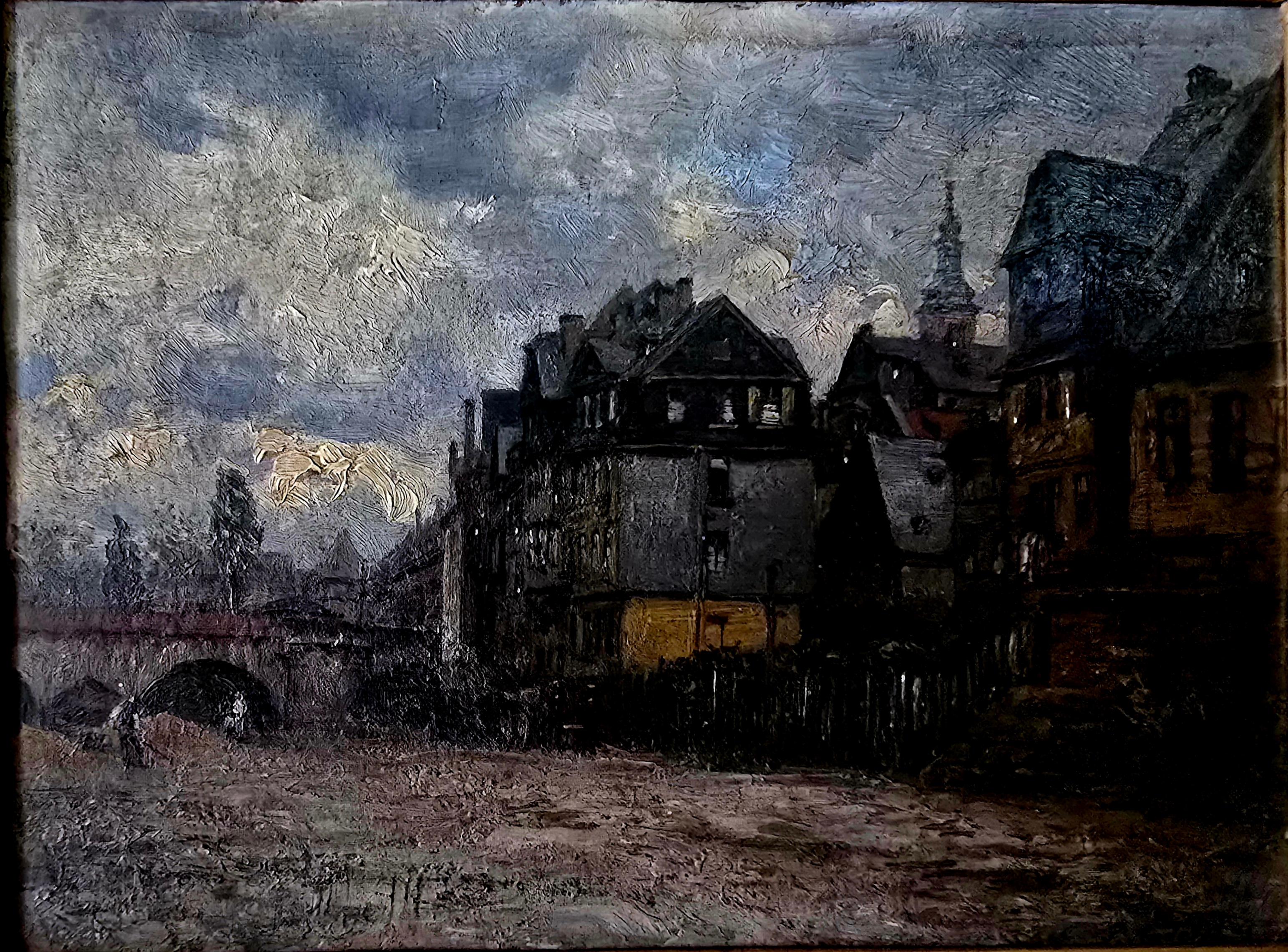 Día gris en la ciudad - Painting Escuela de Barbizon de Paul Andorff