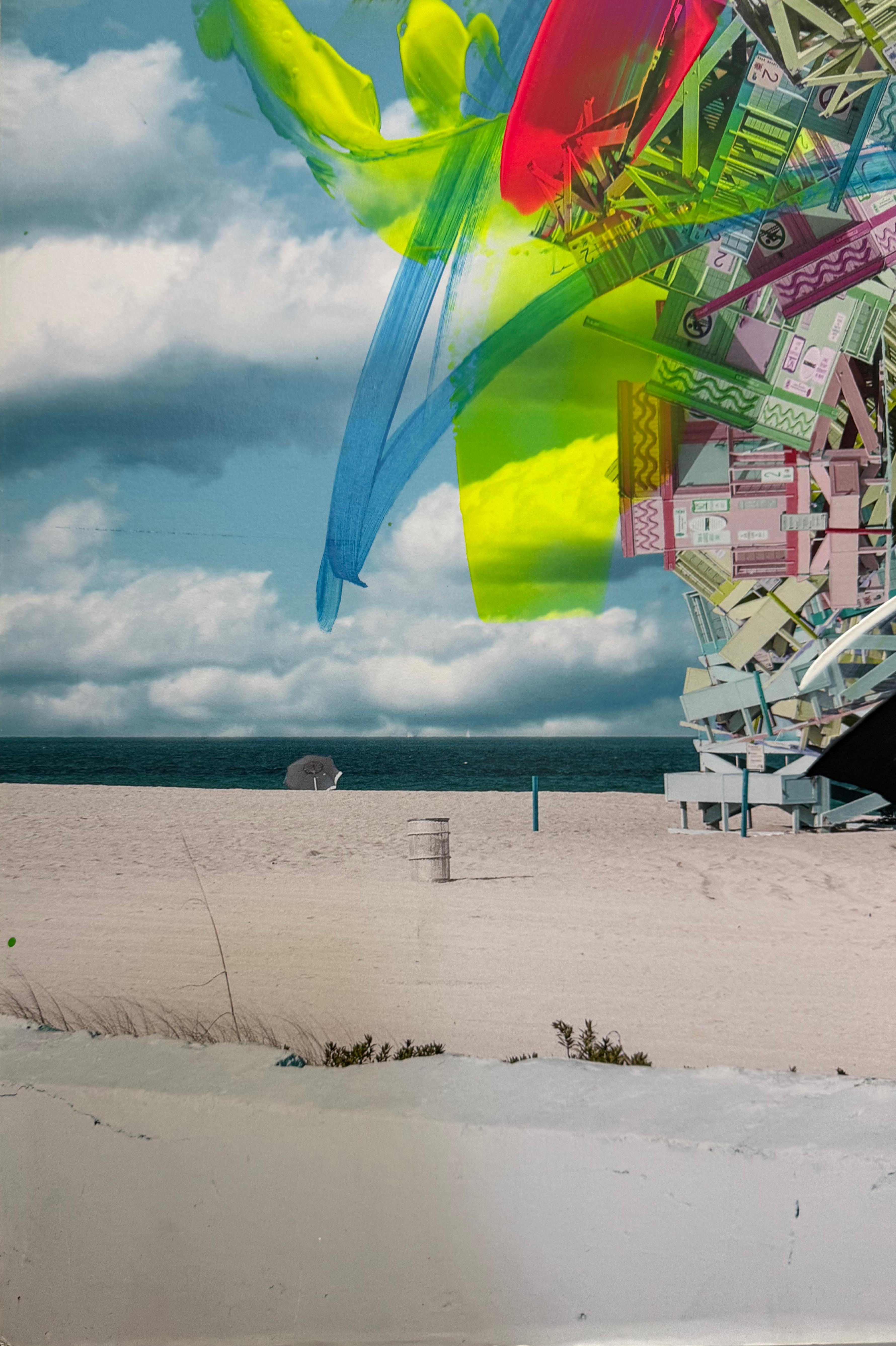 Moderne Paul-André Larocque Peinture abstraite en techniques mixtes d'un bateau sur la plage en vente