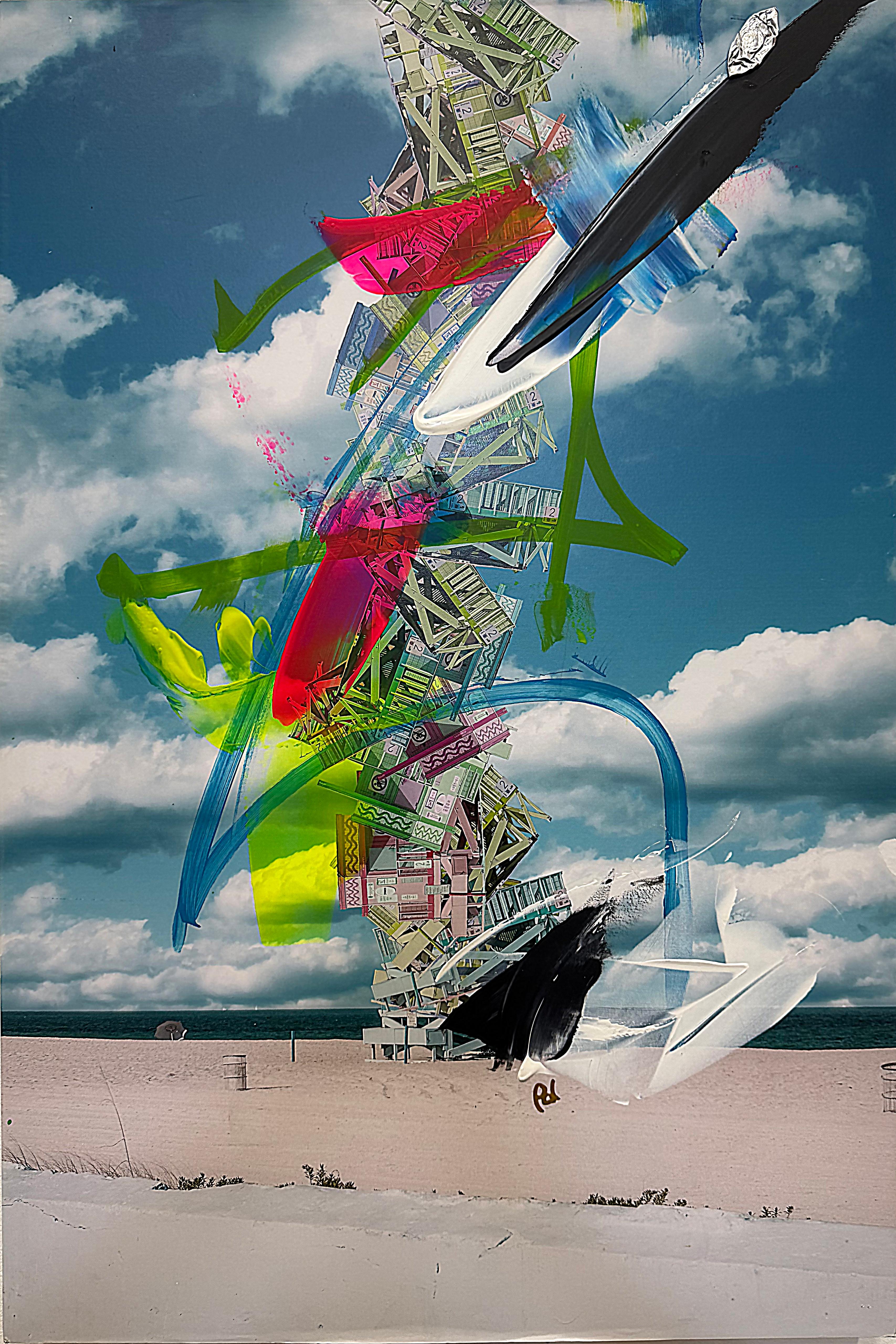 Peint à la main Paul-André Larocque Peinture abstraite en techniques mixtes d'un bateau sur la plage en vente