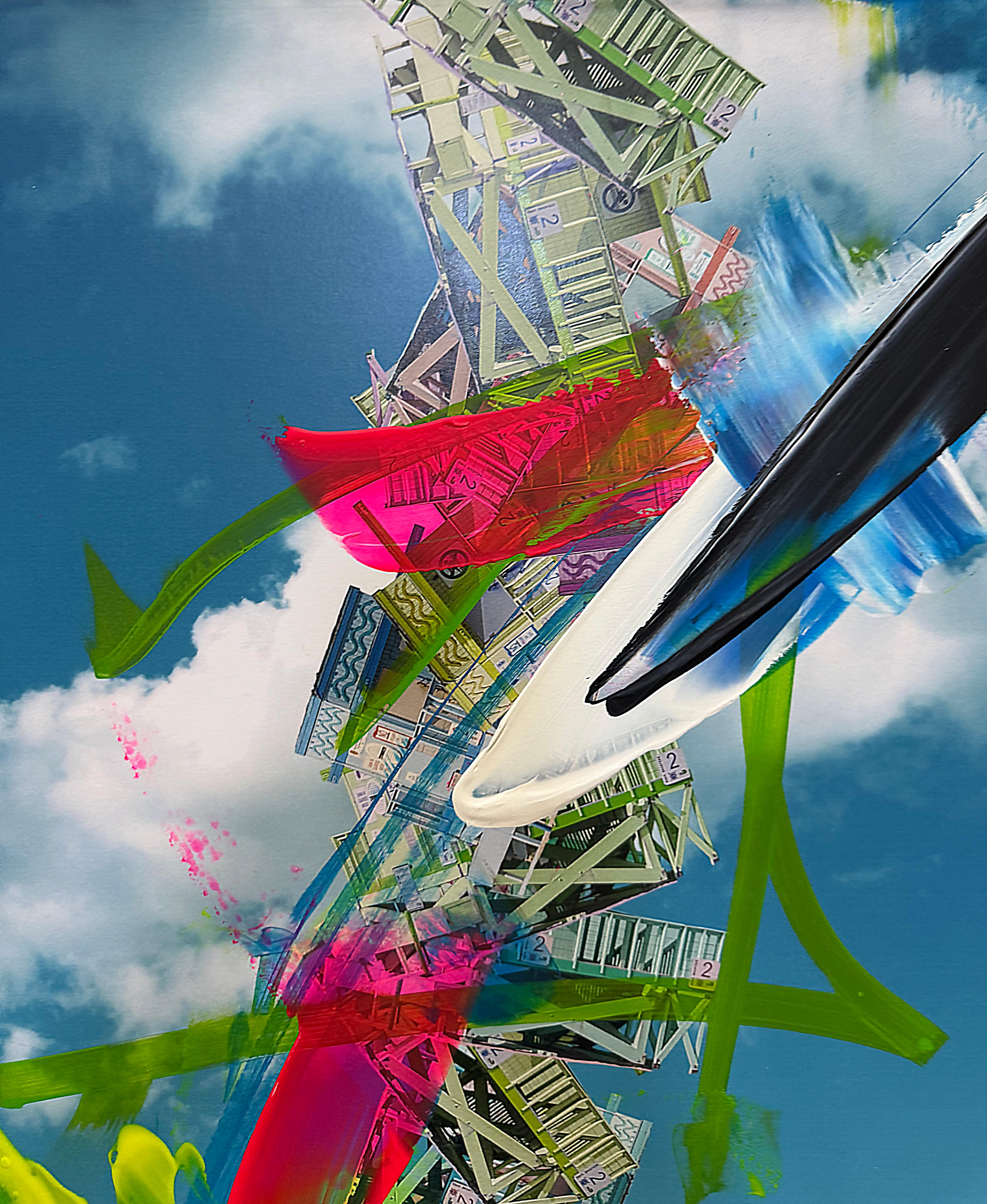 Paul-André Larocque Peinture abstraite en techniques mixtes d'un bateau sur la plage Bon état - En vente à Miami, FL