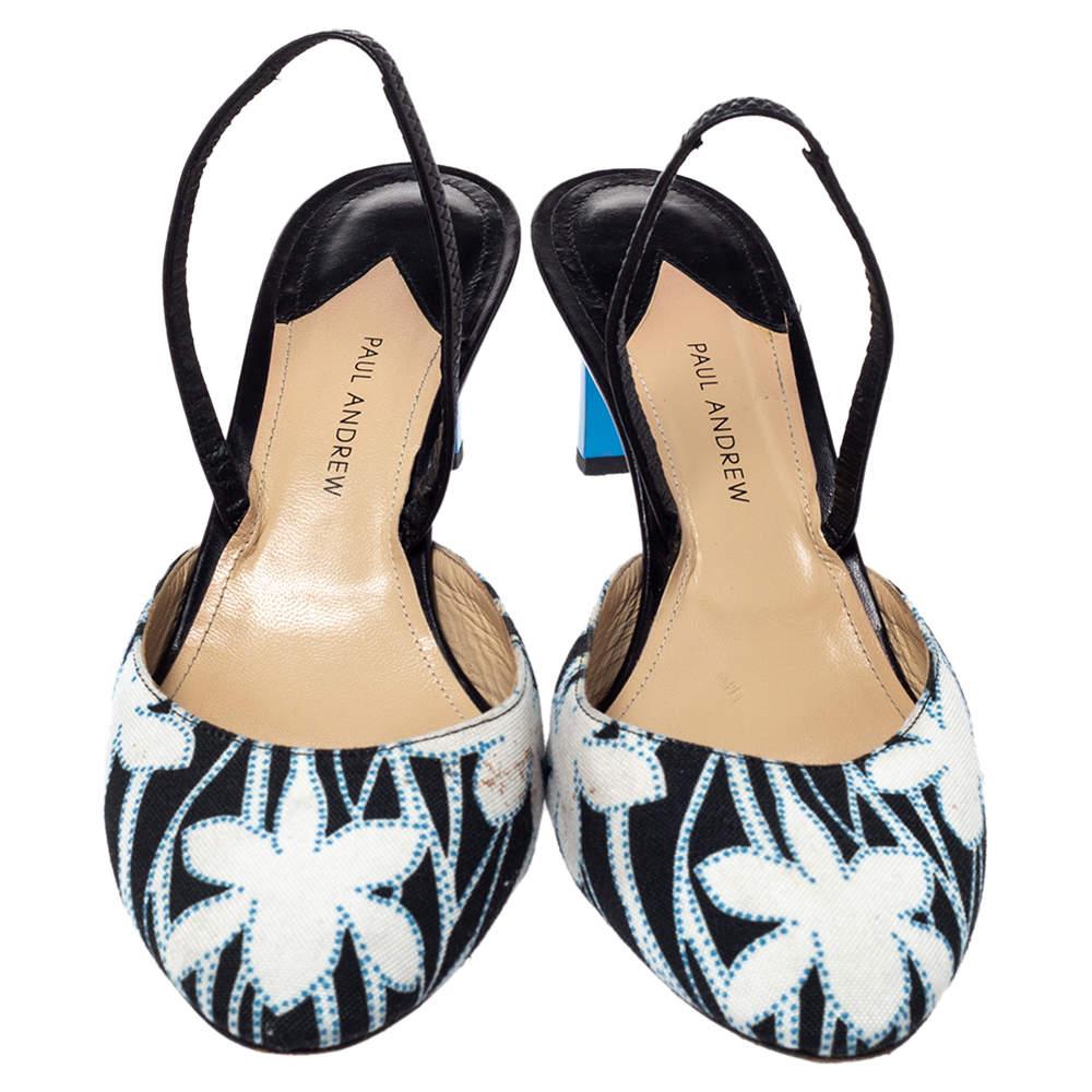 Black Paul Andrew Floral Canvas & Leather Celestine Slingback Sandals Size 40