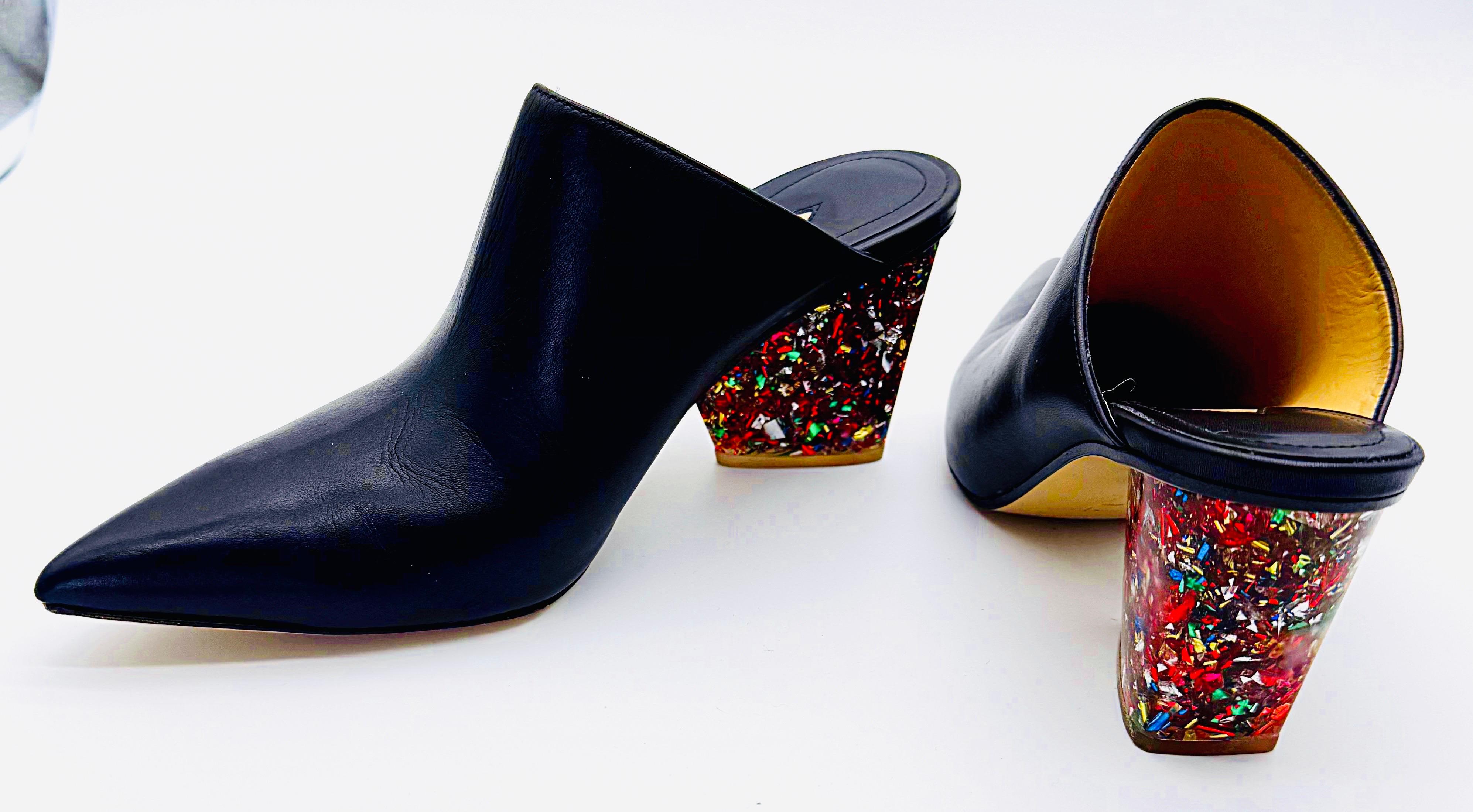 Paul Andrew para Edie Parker Talla 38,5 Zapatos de tacón con chispas de confeti negro Mules en venta 5