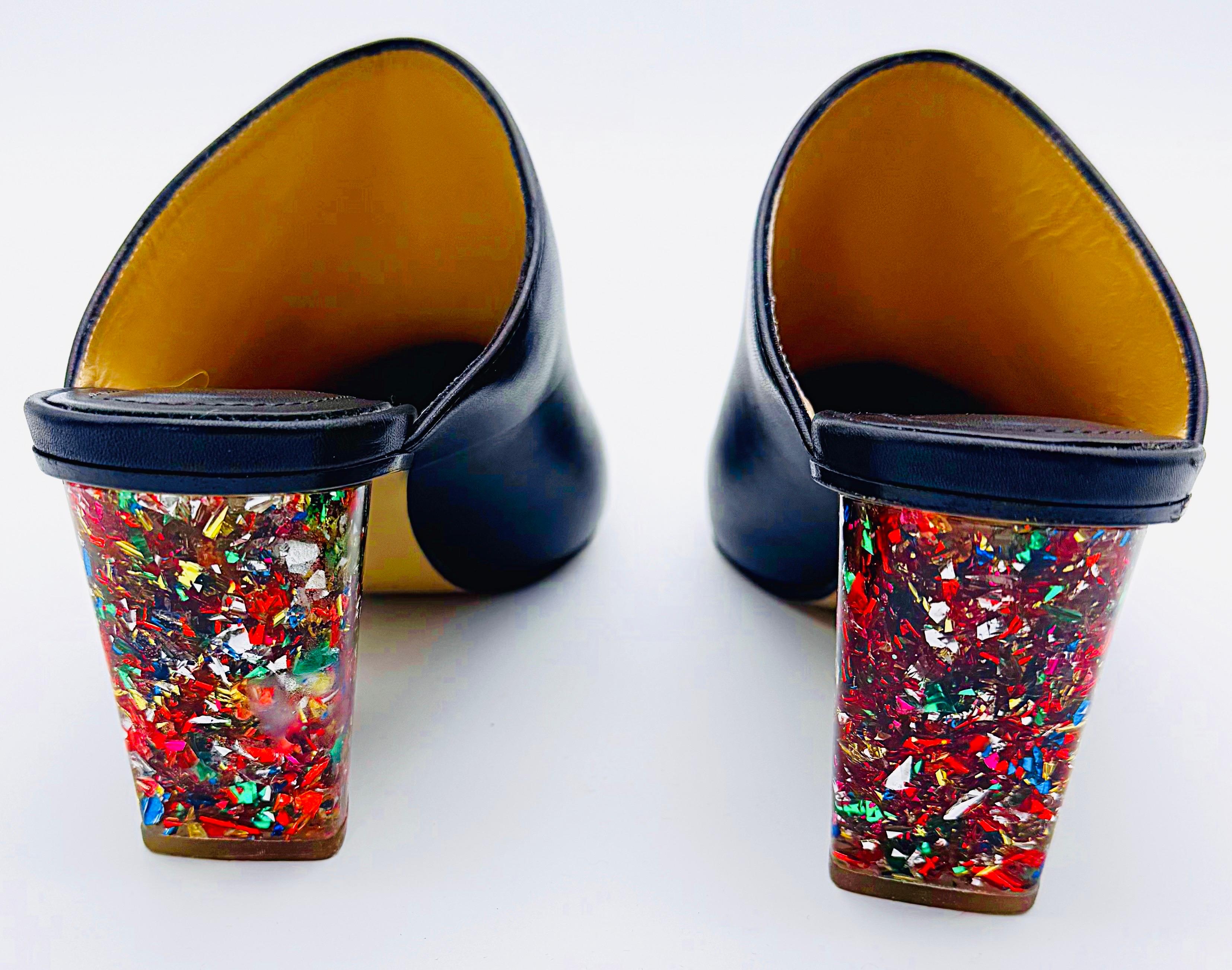 Paul Andrew para Edie Parker Talla 38,5 Zapatos de tacón con chispas de confeti negro Mules en Excelente estado para la venta en San Diego, CA