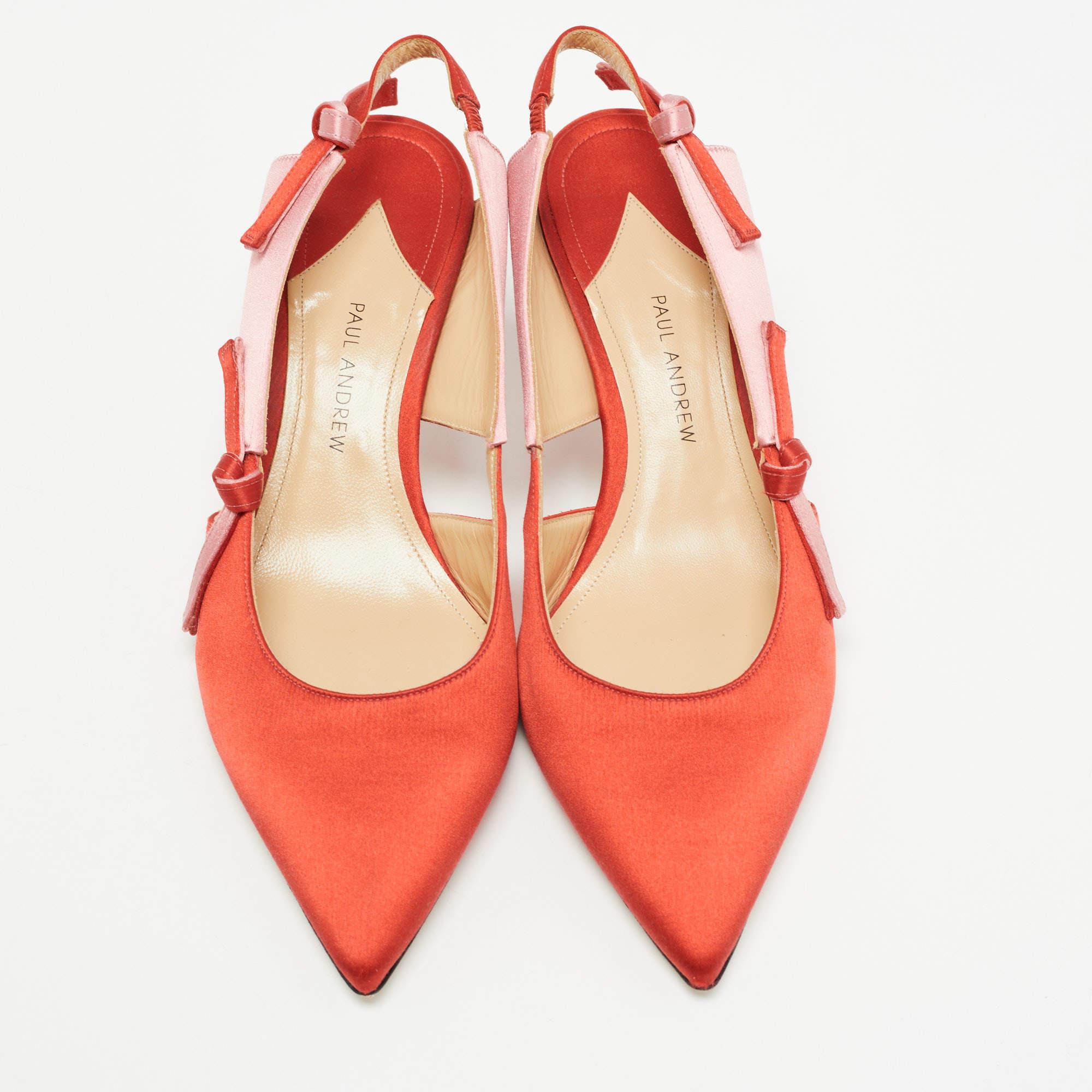 Orange Paul Andrew Red/Pink Satin Bow Slingback Pumps Size 38