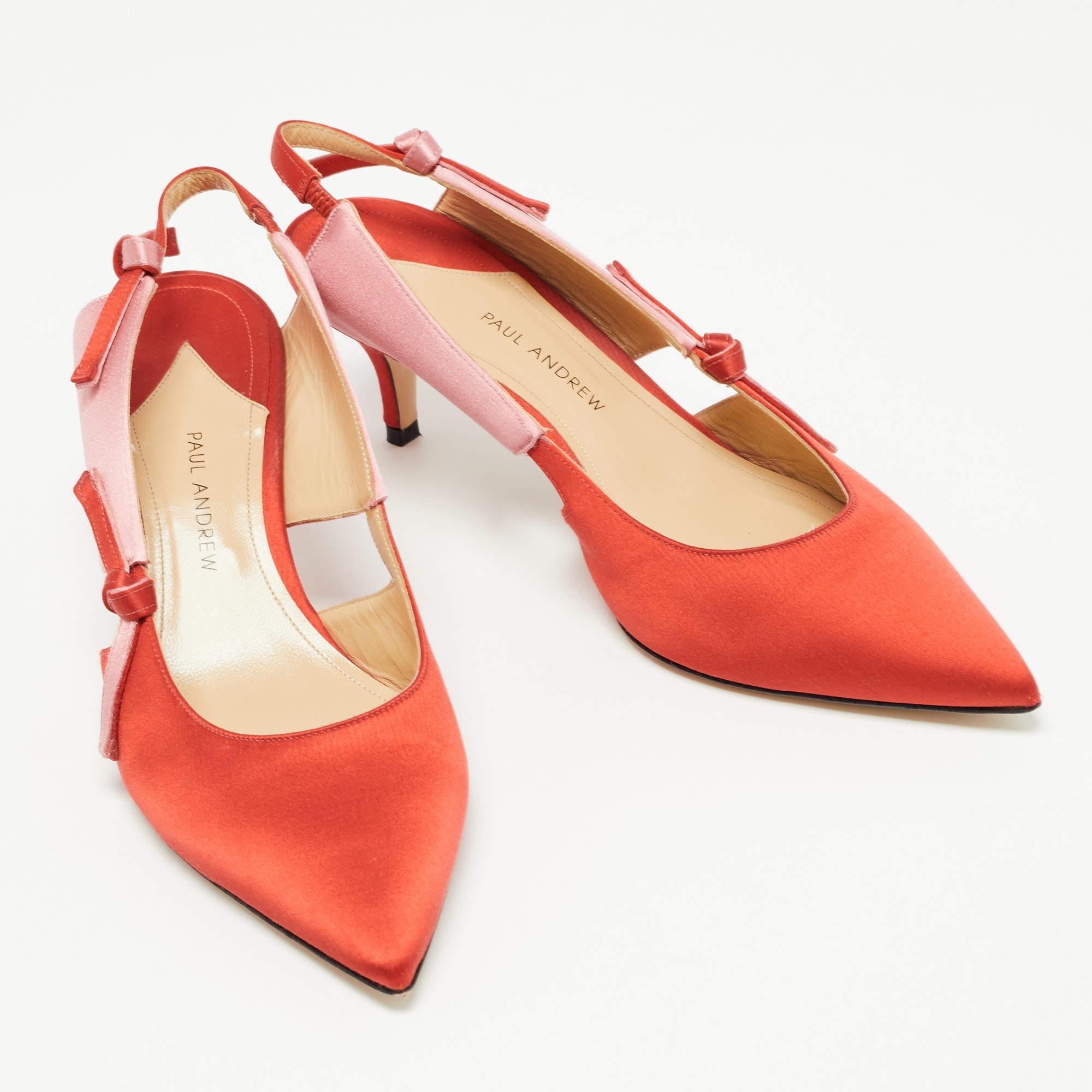 Paul Andrew Red/Pink Satin Bow Slingback Pumps Size 38 In Good Condition In Dubai, Al Qouz 2