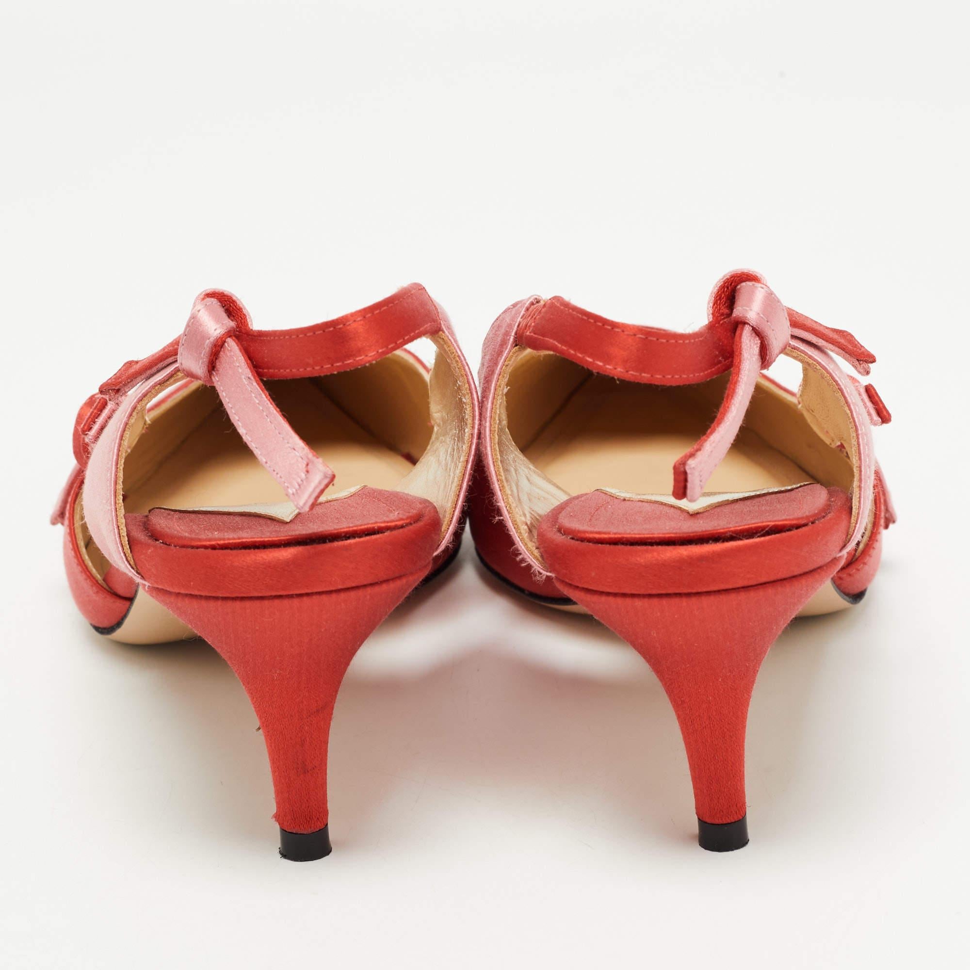 Women's Paul Andrew Red/Pink Satin Bow Slingback Pumps Size 38