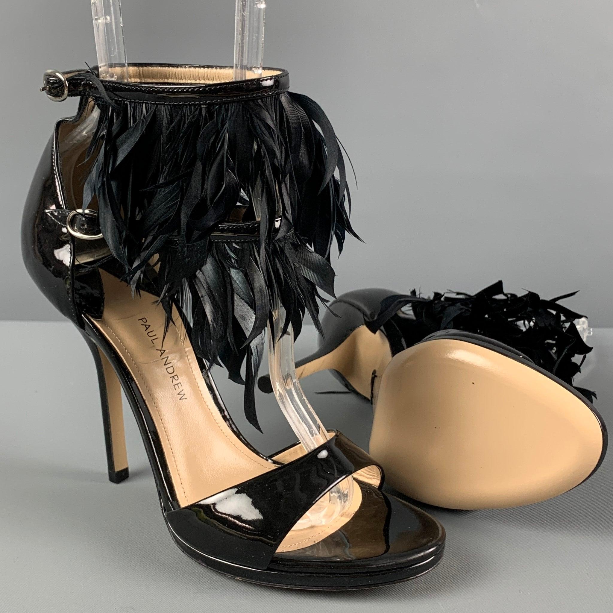 PAUL ANDREW Size 6 Black Patent Leather Ankle Strap Sandals In Excellent Condition For Sale In San Francisco, CA