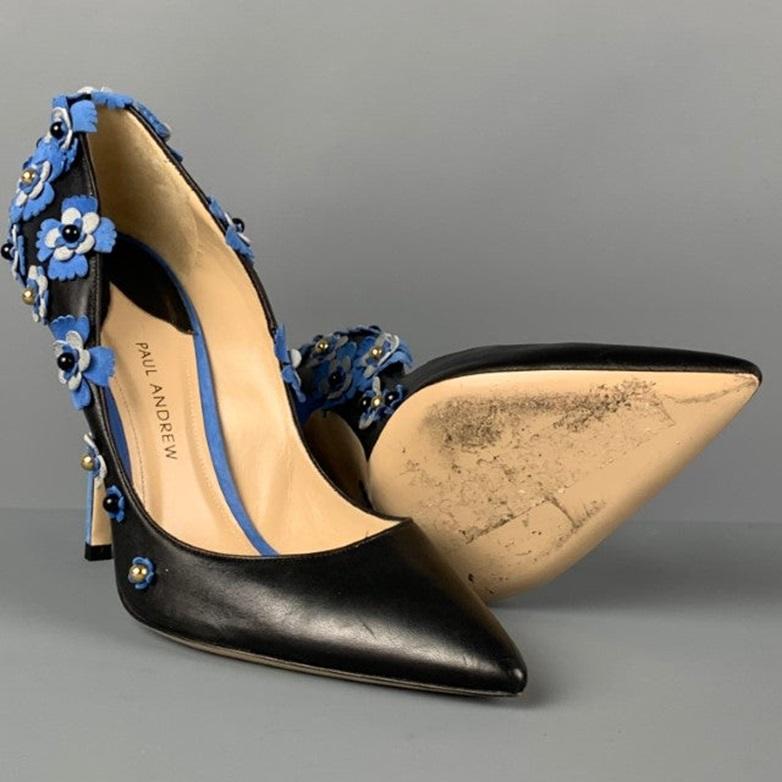 PAUL ANDREW Size 7 Black Blue Leather Floral Applique Pumps In Good Condition For Sale In San Francisco, CA