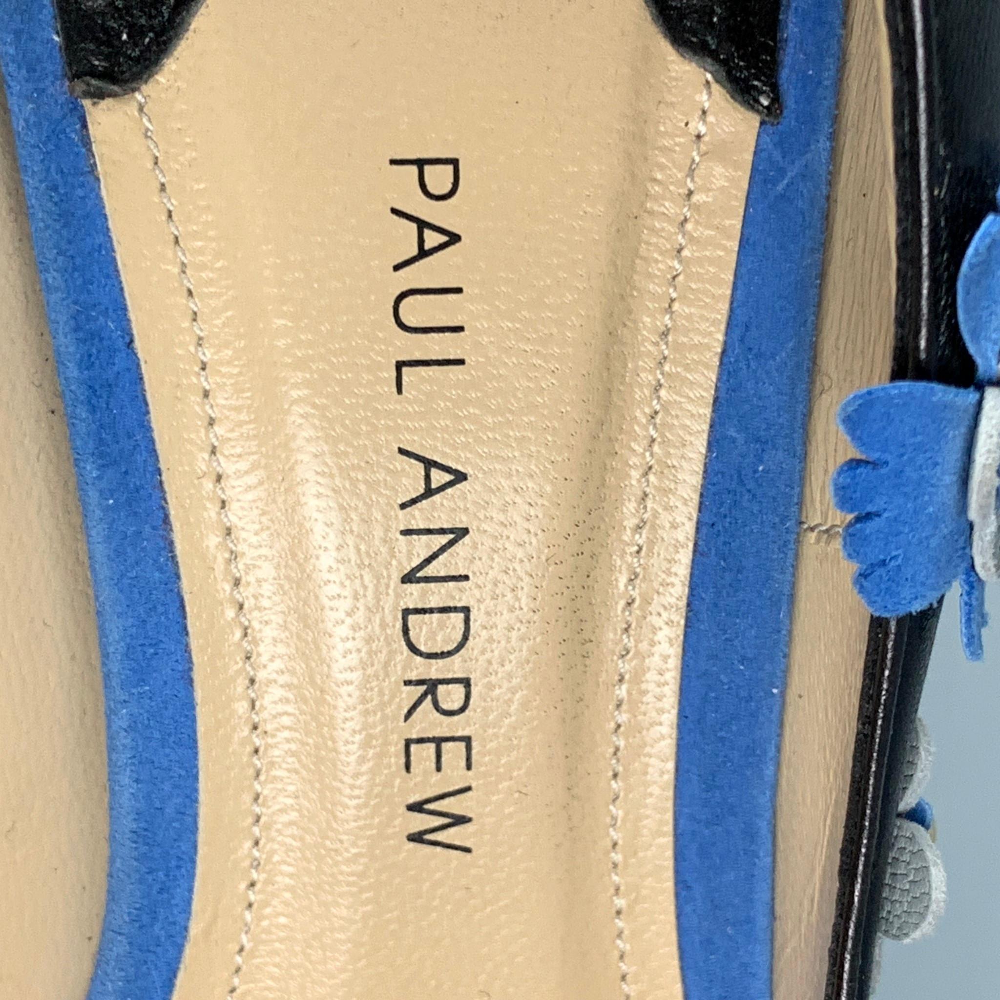 PAUL ANDREW Size 7 Black Blue Leather Floral Applique Pumps For Sale at 1stDibs paul andrew