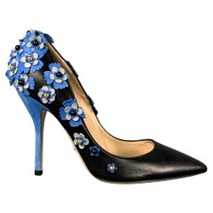 PAUL ANDREW Size 7 Black Blue Leather Floral Applique Pumps