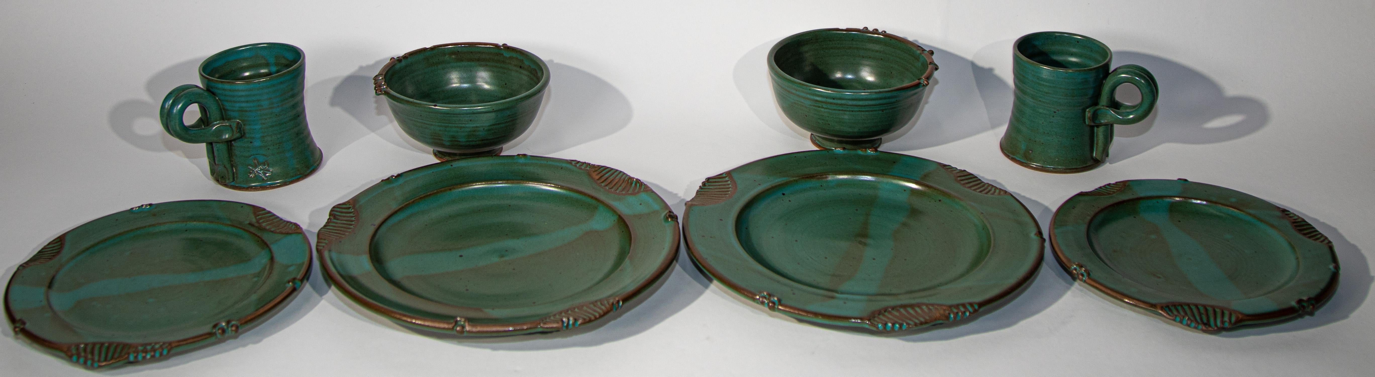 Organic Modern Paul Anthony Vintage Teal Green Stoneware Service Set of 8 For Sale
