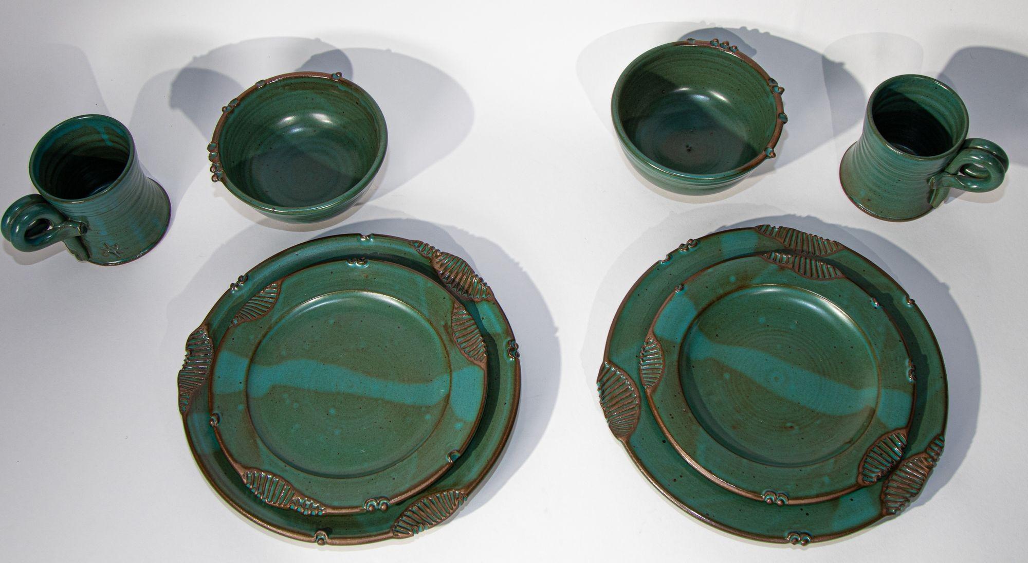 American Paul Anthony Vintage Teal Green Stoneware Service Set of 8 For Sale