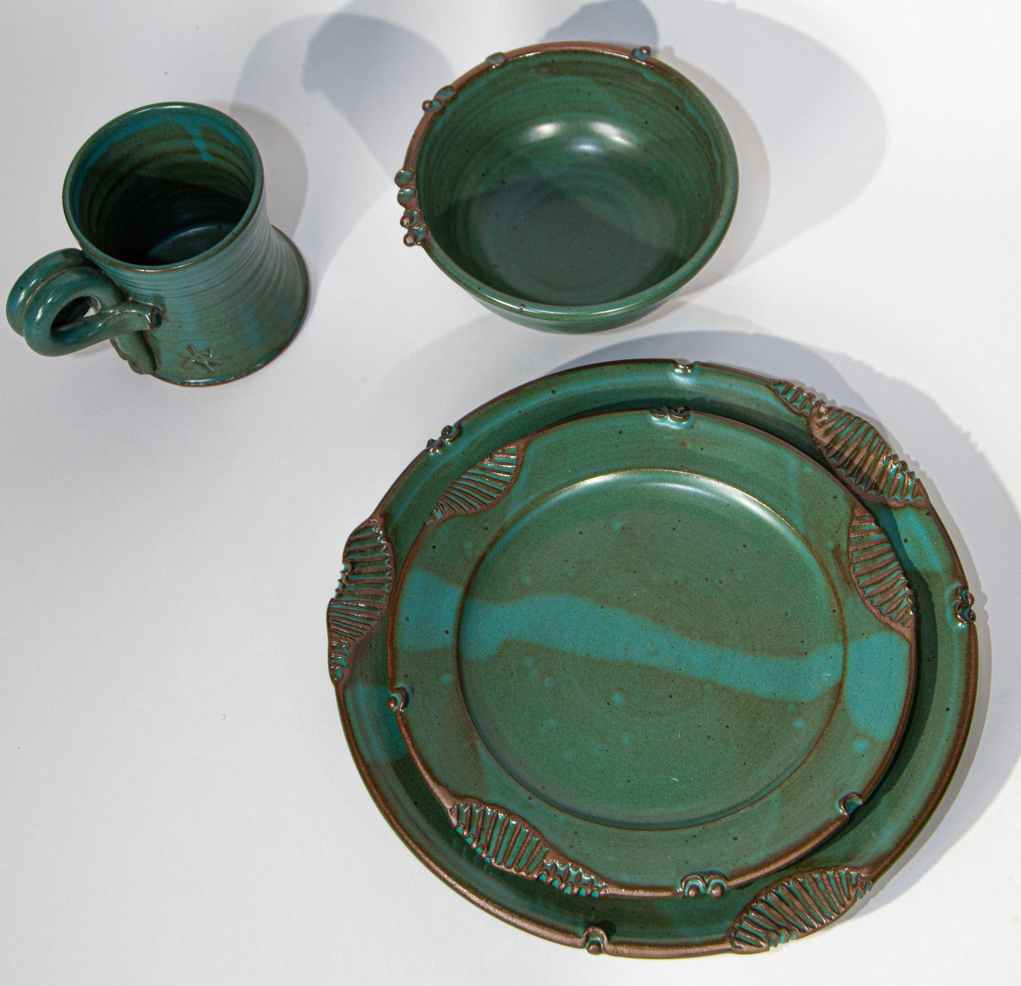 Hand-Crafted Paul Anthony Vintage Teal Green Stoneware Service Set of 8 For Sale