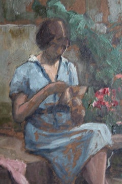 Antique French Impressionist Portrait of a Woman Sewing in the Garden, Art Deco
