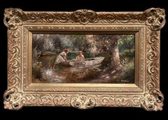 Children in Rowing Boat Dappled Light Impressionist River Scene English Painting