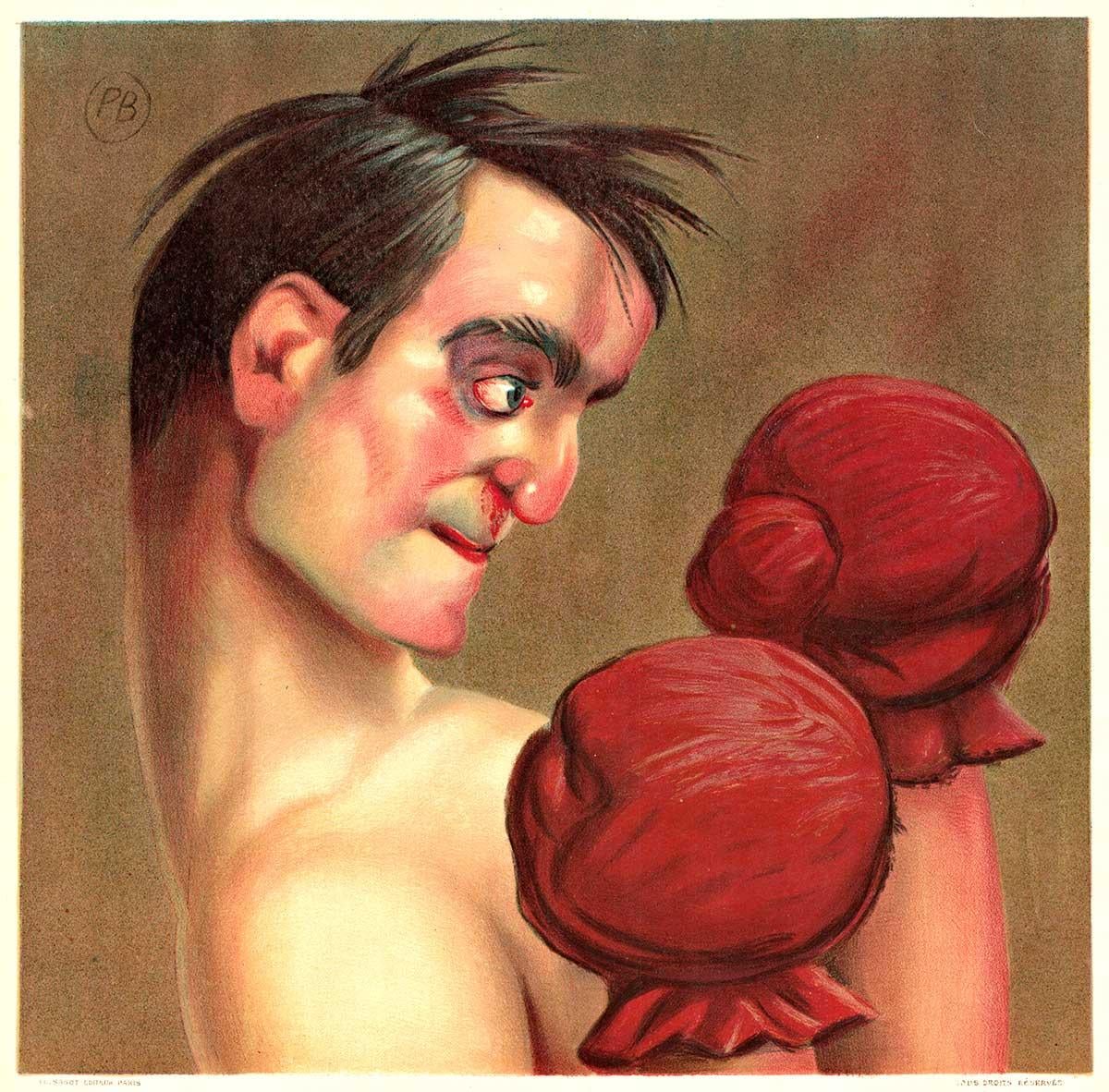 Original Le Boxer Caricature vintage French antique lithograph sports poster - Print by Paul Baroni
