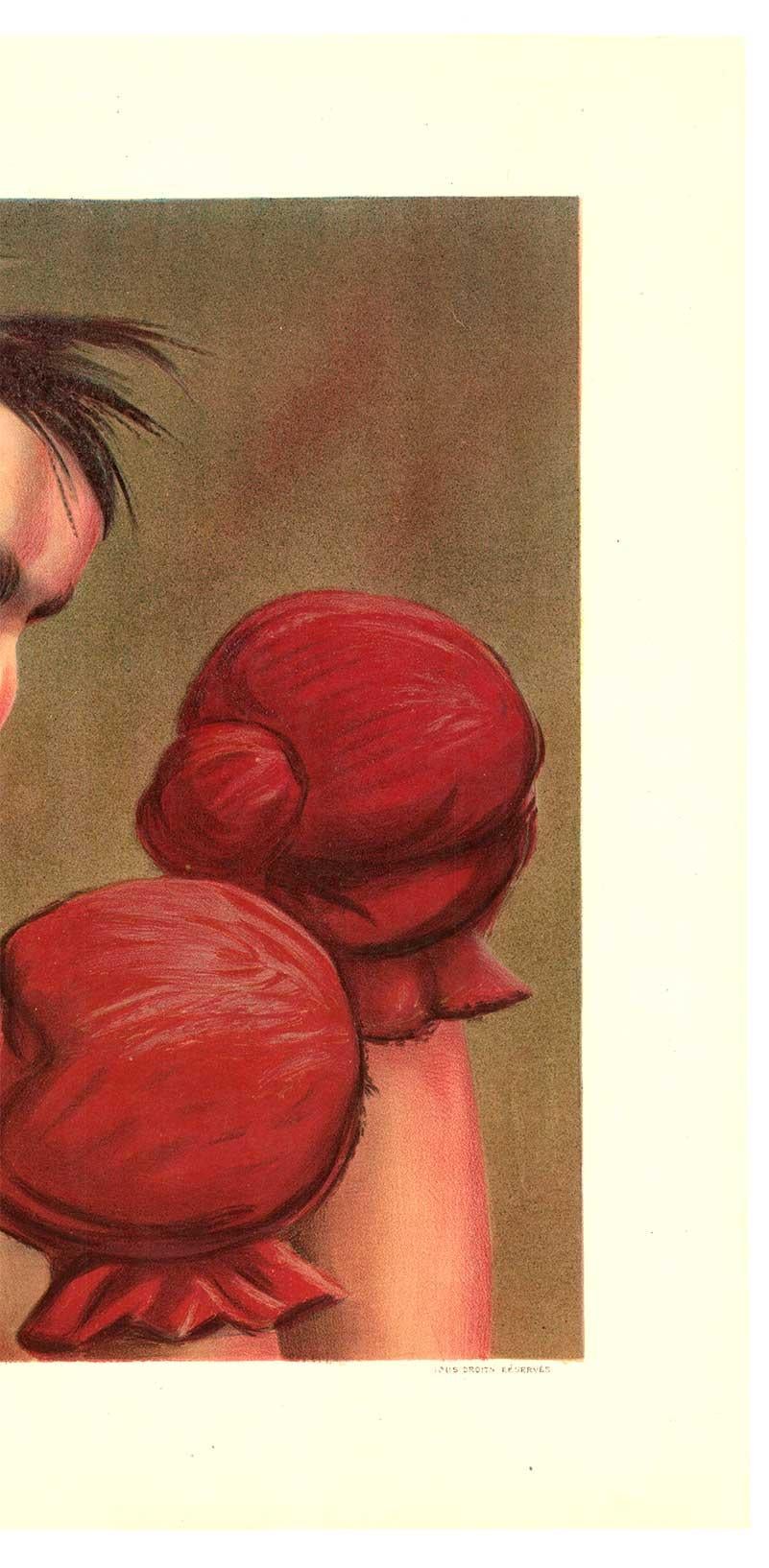 Original Le Boxer Caricature vintage French antique lithograph sports poster - White Portrait Print by Paul Baroni