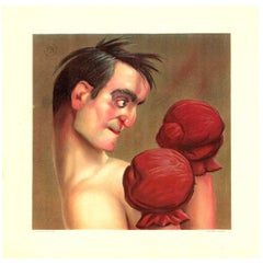 Caricatura originale di Le Boxer, antica litografia francese d'epoca, poster sportivo