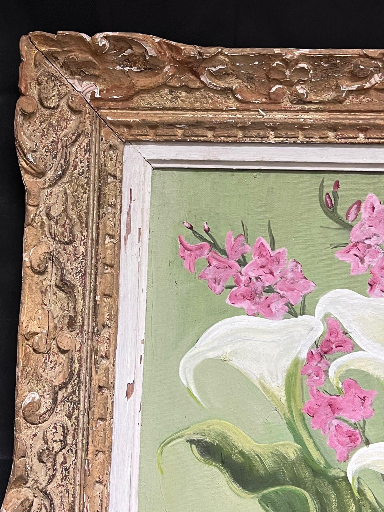 Mediados del siglo XX Óleo francés postimpresionista firmado Flores rosas y blancas en venta 1