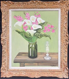 Vintage Mid 20th Century French Post Impressionist Signed Oil Pink & White Flowers