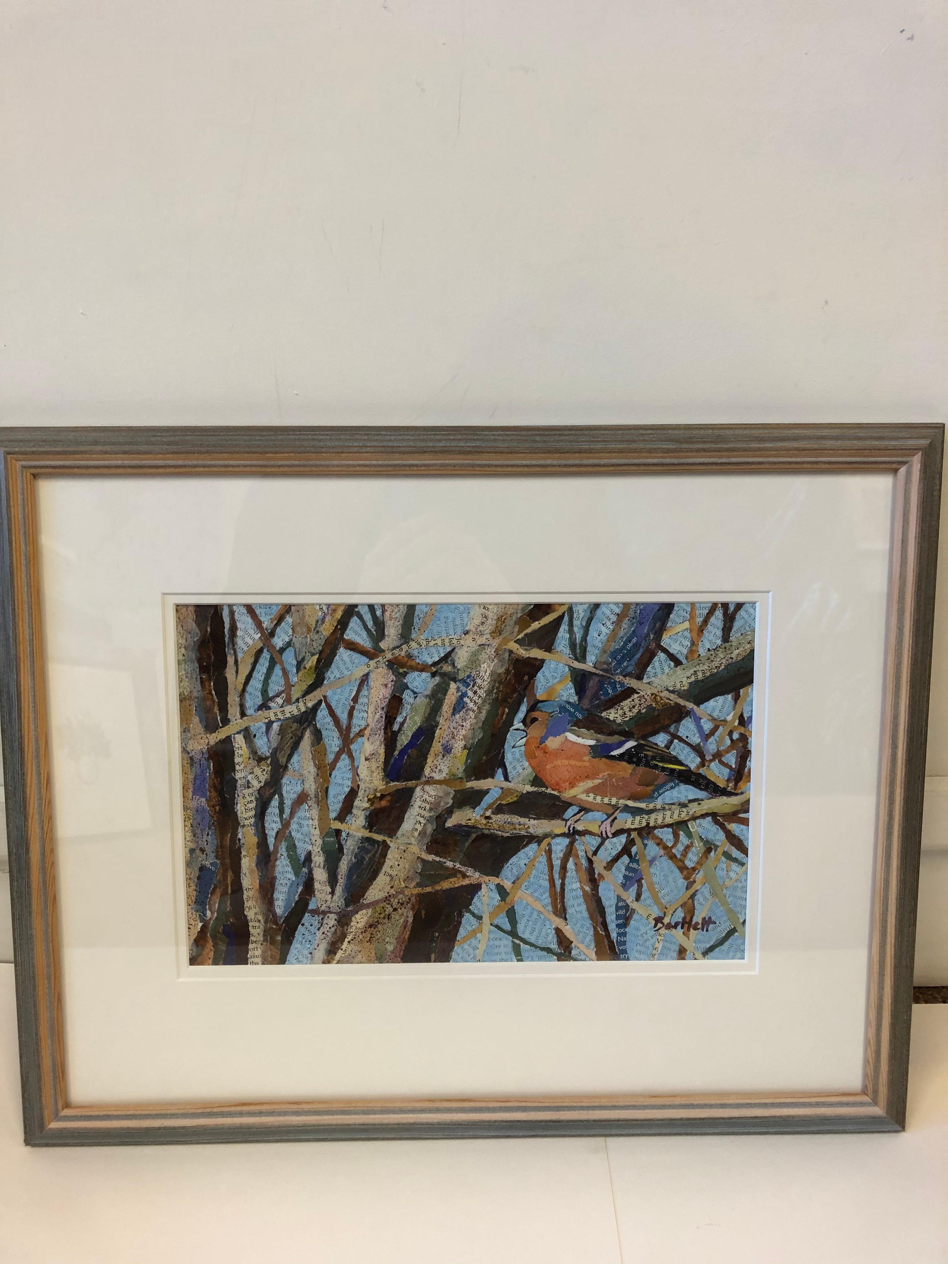 Paul Bartlett creates an accurate image of a Chaffinch with only using paper. There is a grey frame that compliments the orange, blue and brown colours from the piece.

Collage that is framed
Framed
Signed
Board w 43.6 cm x h 32.2 cm
Image w 27 cm x
