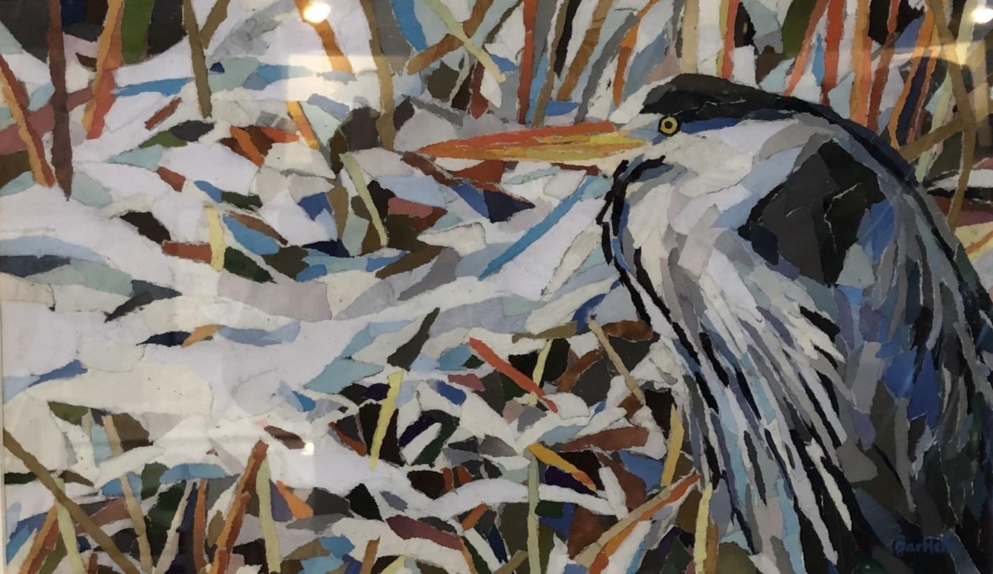 L'immobilité, l'art des oiseaux Heron, l'art de la conservation des animaux, l'art du collage - Mixed Media Art de Paul Bartlett