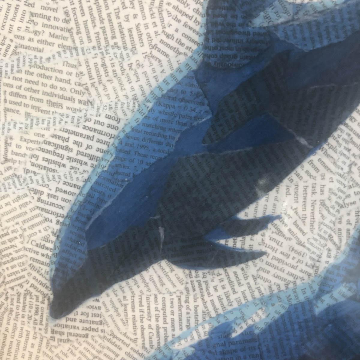 Paul Bartlett. Whistlers.

A family group of bottlenose dolphins swim effortlessly, sun glinting off their dorsal surfaces. The painting is constructed using pieces of ripped paper from pertinent scientific papers on dolphins so the text relates to