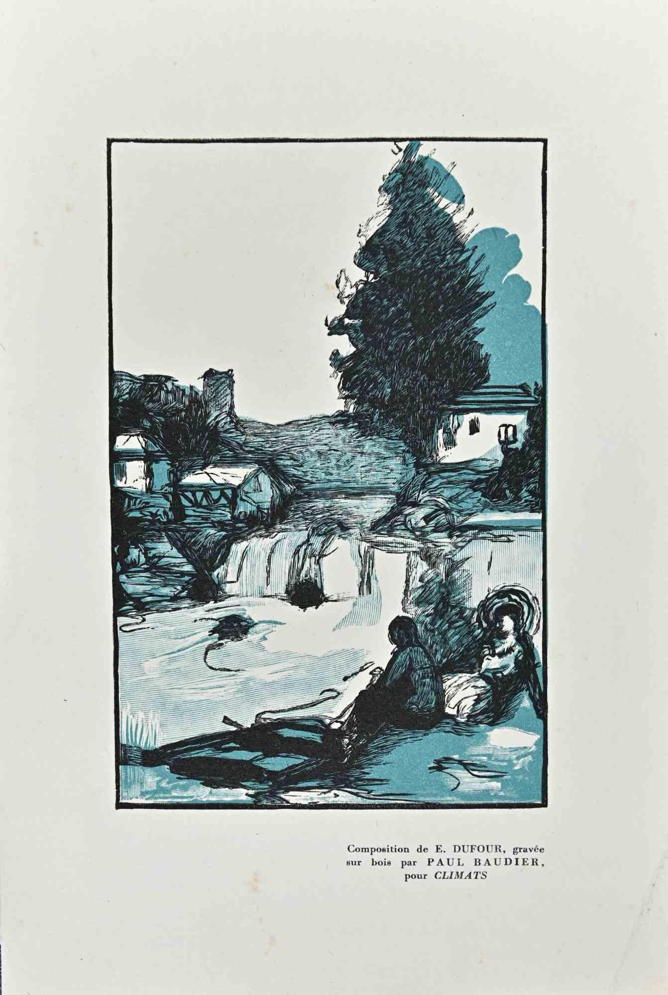By The River - Original Woodcut Print by Paul Baudier - 1930s