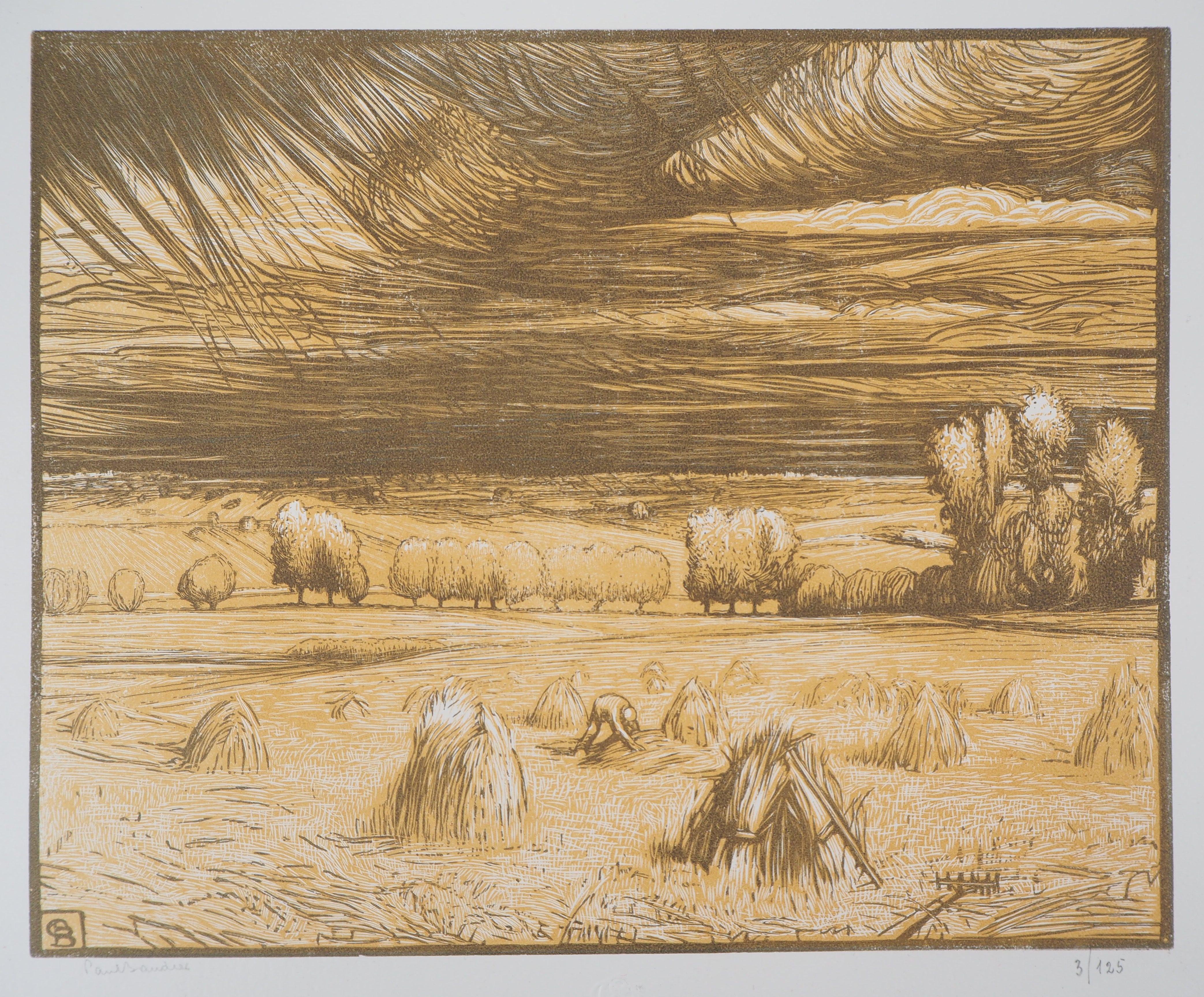 Harvest in the Fields : the Haystacks - Original wooodcut, Handsigned & Numbered - Print by Paul Baudier